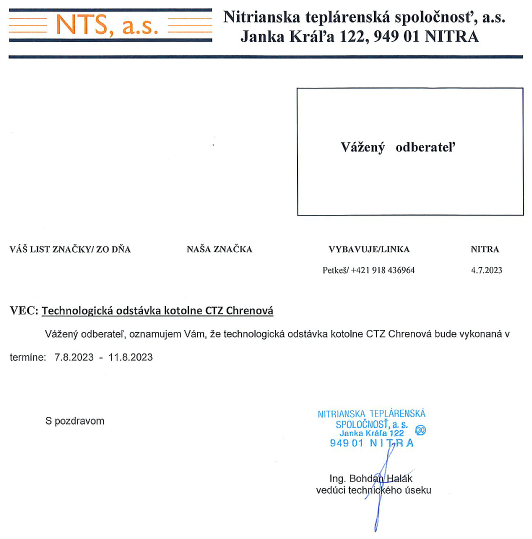 Technologická odstávka kotolne CTZ Chrenová v r. 2023