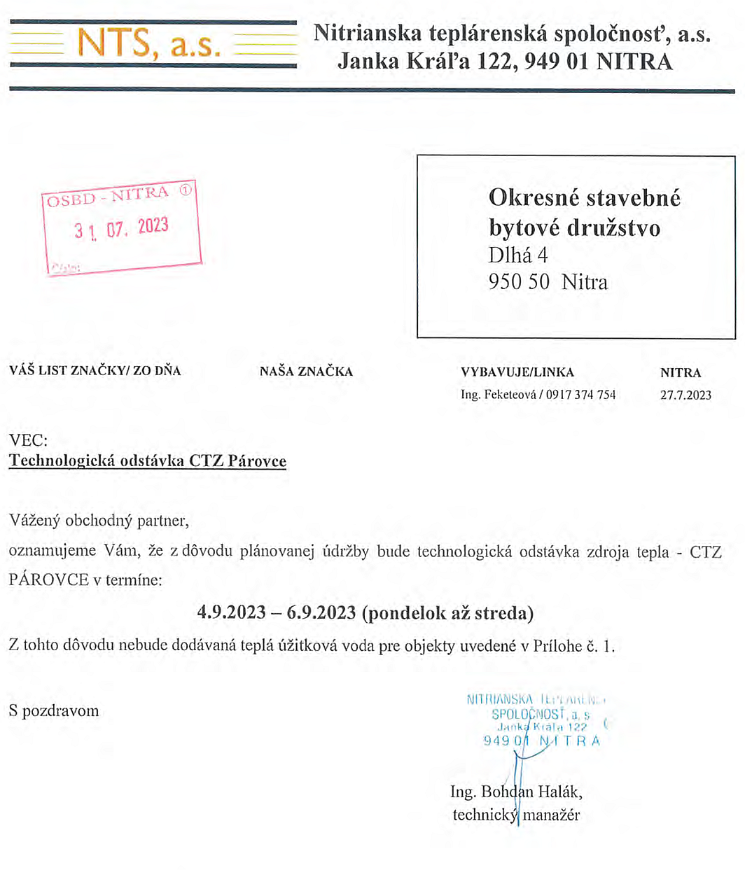 Technologická odstávka kotolne CTZ Párovce v r. 2023